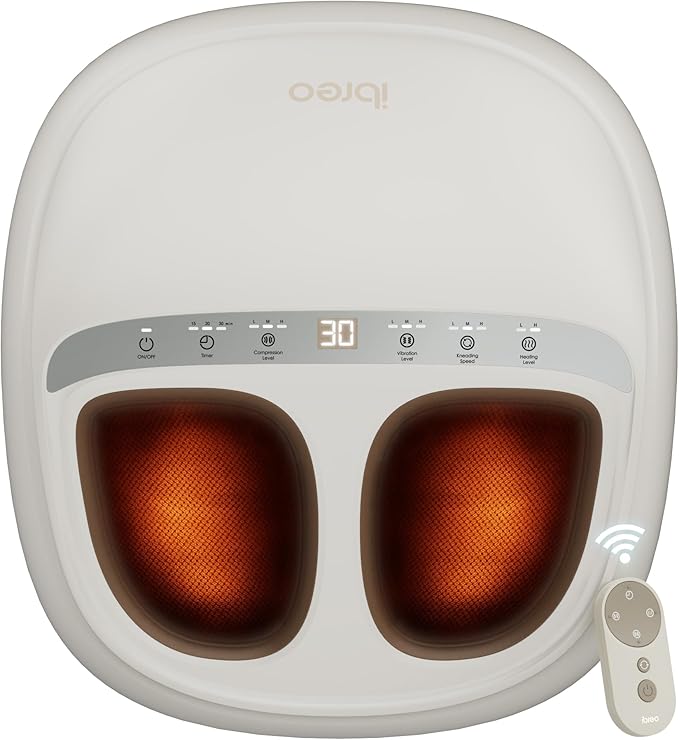 Foot Massager with 2 Level Heat, 3 Level Air Compression & Vibration, Deep Kneading Shiatsu, Remote Control & Timer for Pain Relief, Neuropathy, Plantar Fasciitis, Comfort for Long Stand & Fitness