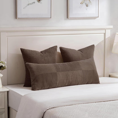 Fancy Homi 2 Packs Dark Brown Decorative Throw Pillow Covers 20x20 Inch for Living Room Couch Bed Sofa, Rustic Farmhouse Boho Home Decor, Soft Corss Corduroy Patchwork Accent Cushion Case 50x50 cm