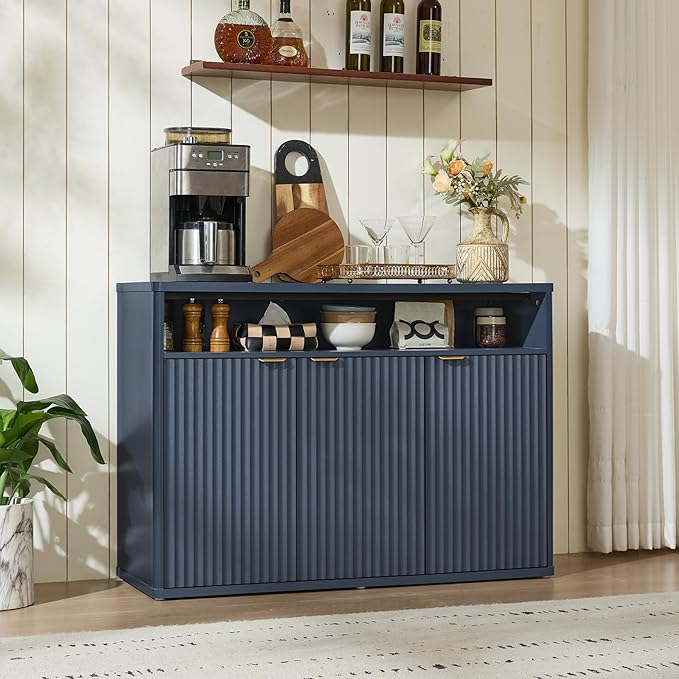 LEYAOYAO Fluted Buffet Cabinet with Storage, 45" Wide Wood Sideboard Credenza with 3 Doors & Open Storage Shelf, Modern Kitchen Console Accent Cabinets, Coffee Bar Table for Dining Room, Dark Blue