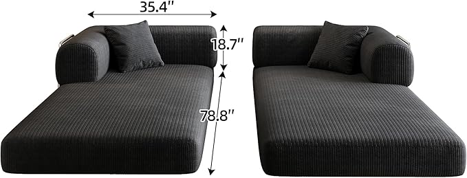 79" Convertible Sofa Bed, Corduroy Folding Pull Out Couch with Pillows, No Assembly Modern Boneless Couch Compression Sofa in Box, Floor Sofa with Support Rods for Living Room,Black