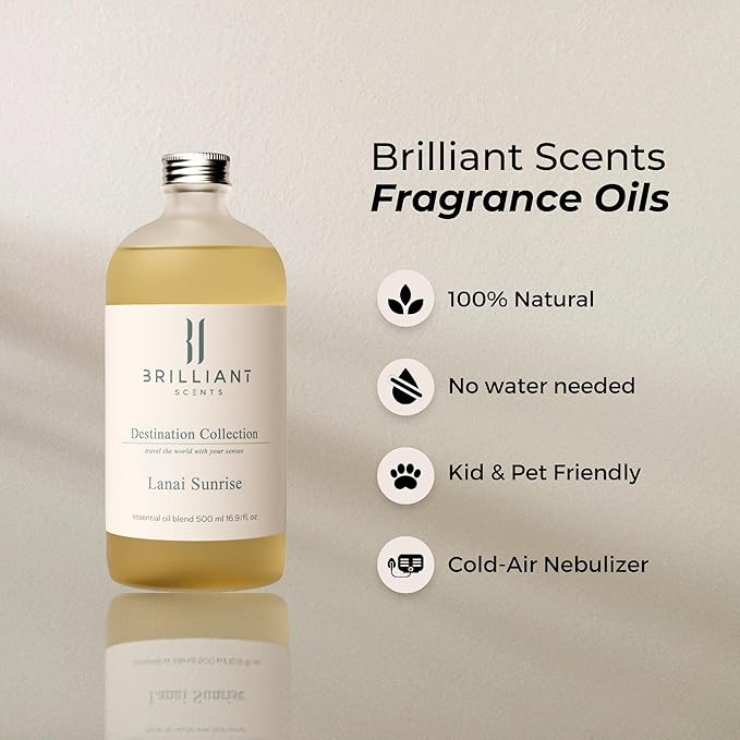 Brilliant Scents Lanai Sunrise Fragrance Oil 500ml - Premium Diffuser Oil for Home, Office, Hotels - Long Lasting, Plant-Based, Meets IFRA Standards, USA-Made - White Tea, Fig, Musk