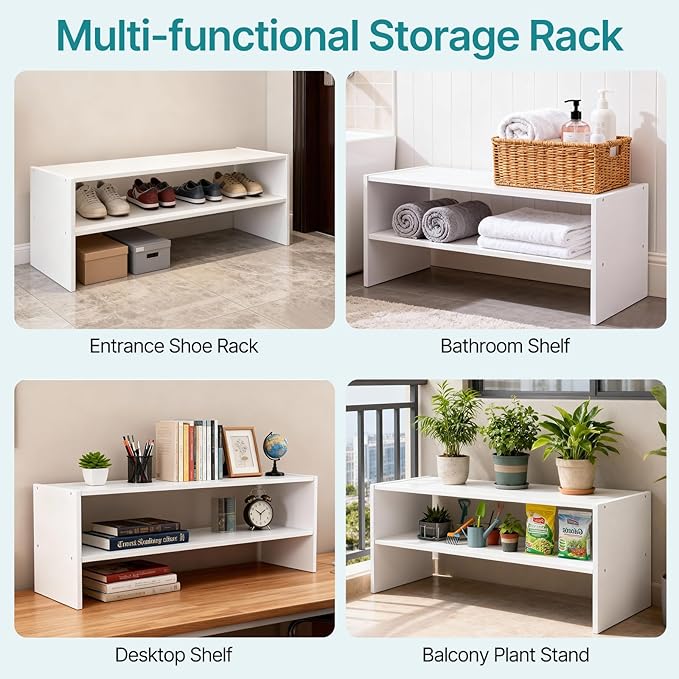 DUMOS 31 Inch Stackable White Shoe Rack, 2-Tier Wooden Storage Benches Organizer, Freestanding Entryway Bench for 6-9 Pairs Shoes, for Entryway, Office, Bathroom Use, White