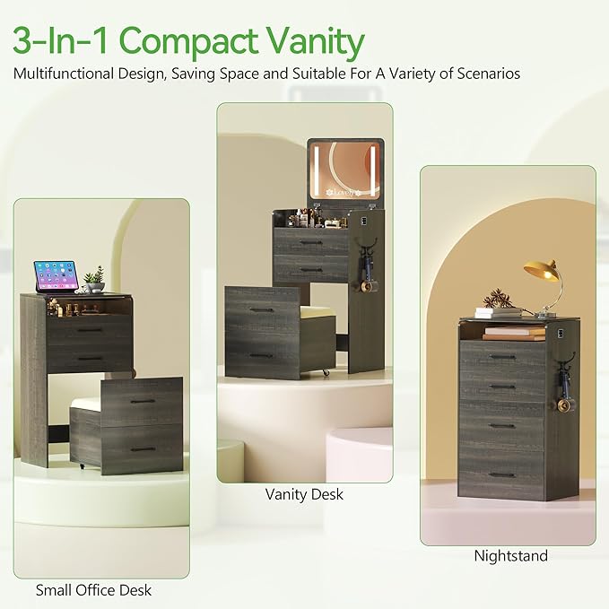 HNEBC HNEBCVanity Desk with Plip Top LED Mirror,3 in 1 Small Dressing Table Set with Visible Glass Desktop,Rustic Oaky Compact Vanity with 3 Drawers,Storage Compartment and Padded Stool,for Bedroom