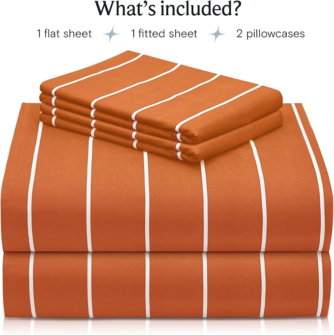 LuxClub 4 PC Sheet Set Bed Sheets Deep Pockets 16" Wrinkle Free Cooling Machine Washable Hotel Bedding Silky Soft - Striped-Autumn Orange California King