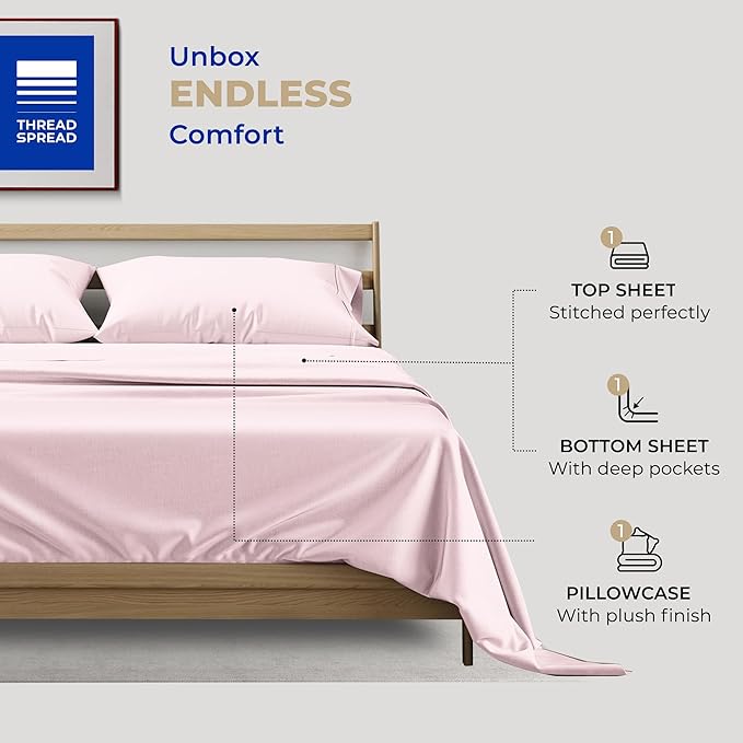 THREAD SPREAD Twin XL Sheet Sets Cotton - 400 Thread Count 100% Cotton XL Twin Sheets, 3 PC (Blush), Luxury Soft, Breathable, Cooling, Extra Large 16" Deep Pocket Sateen Bedsheet for Dorm Rooms