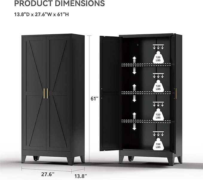 Farmhouse Pantry Cabinet with Barn Doors,61" H x 27.5" W,Metal Cabinet with Adjustable Shelves,4-Tier Storage Cabinet for Kitchen Dining Room Garage Office,Black