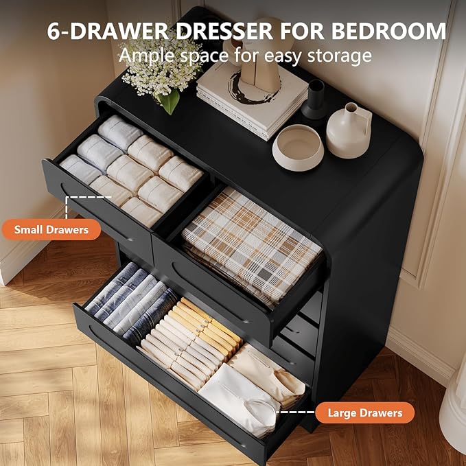 3 Piece Bedroom Set, Dresser and Nightstand Sets for Bedroom, Wood 6 Drawer Dresser & Night Stand Set of 2, Tall Chest of Drawers Modern Storage Cabinet Bedroom Furniture Set, Black