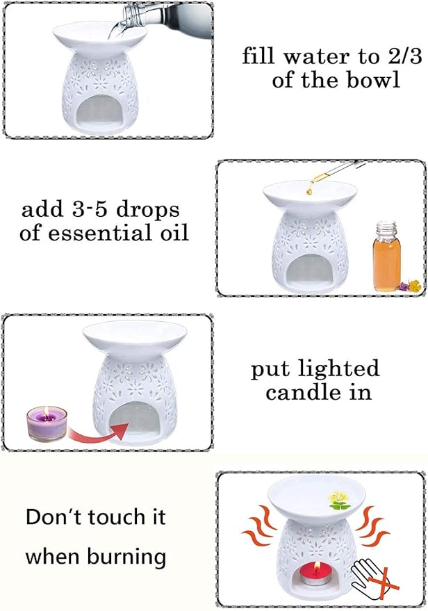 Ceramic Tea Light Holder, Aromatherapy Oil Burner, Wax Warmer, Tealight Holder with White Floral Pattern for Valentine's Day Gift