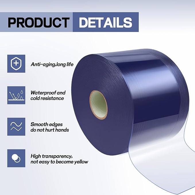 Moukeren Plastic Door Curtain for Winter 200 ft x 8 Inch Thermal Insulated Garage Door Strip Curtains Smooth Waterproof Clear PVC Strip Curtain for Warehouse Freezer, 0.08" Thickness(Classic)