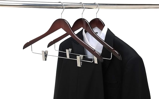 Quality Wooden Skirt Hangers with Clips Smooth Solid Wood Pants Hangers with Durable Adjustable Metal Clips, Swivel Hook, Coat, Jacket, Blouse Suit Hangers (Mahogany, 10)