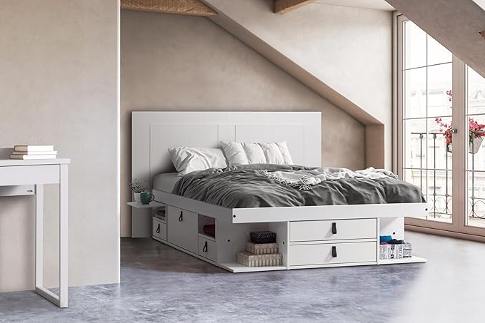 memomad Bali Slim Set: Storage Platform Bed with Drawers + Flat Panel Headboard (Queen Size, White Wood)