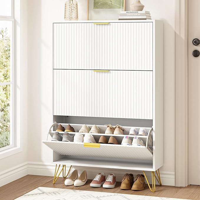 Slim Shoe Cabinet with 3 Flip Drawers, Fluted Shoe Cabinet Storage for Entryway, Narrow Shoe Storage Cabinet, Modern Freestanding Shoe Rack Organizer for Entryway, White
