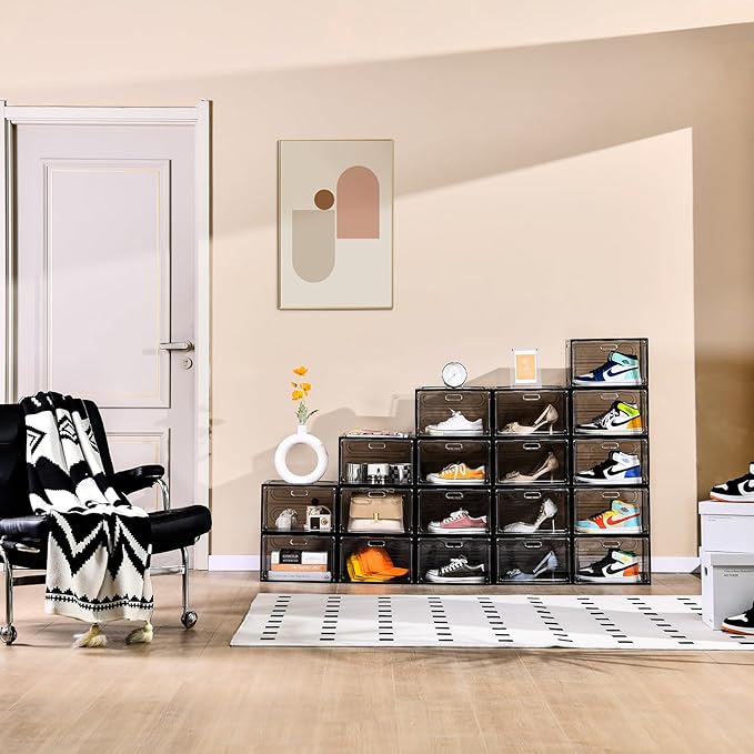 New Gray 8 Pack Shoe Boxes Stackable, Large Shoe Storage Organizer with Lids,Drop Side Shoe Containers for Entryway,Sneaker Storage Fit up to US Size 13 for Men/Women(13’’x 10.6”x 8.3”)