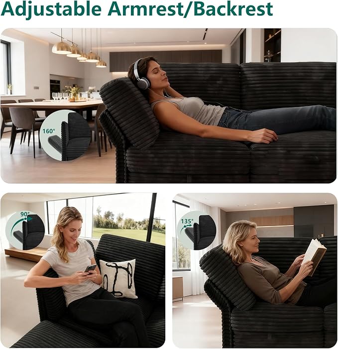 Modular Sectional Sofa with Adjustable Backrest, Large Convertible L/U-Shaped Sleeper Couch for Living Room, Cloud Sofa Bed Modern Reversible Design, Black