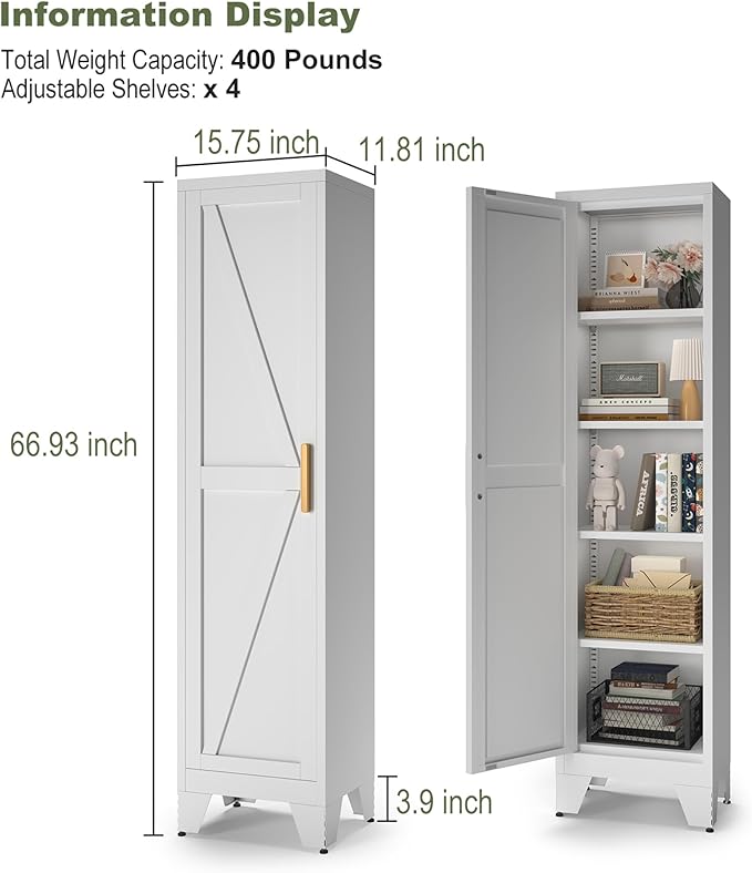 COFaR Tall Bathroom Storage Cabinet, Metal Farmhouse Narrow Slim Cabinet with Adjustable Shelves Barn Door for Bathrooms, Kitchens, Entrances Living Room (White)