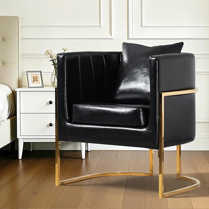 Modern Leather Accent Chairs Set of 2, Mid Century Upholstered Barrel Armchair with Pillow for Living Room, Comfy Single Vanity Chair with Metal Gold Legs for Bedroom, Black