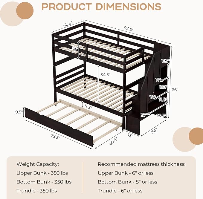 KOTEK Twin Over Twin Bunk Bed with Trundle and Stairs, Solid Wood Bunk Bed Frame with Storage Shelf, Bunk Beds Detachable into 2 Platform Beds for Kids Teens Adults (Espresso)