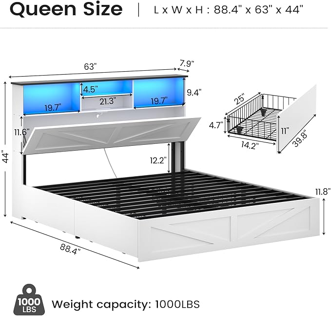 AOGLLATI Farmhouse Queen Bed Frame with 4 Storage Drawers and Led Lights, Wooden Bed Frame Queen Size with Hidden Space Bookcase Headboard and Led Lights & Metal Slats, White