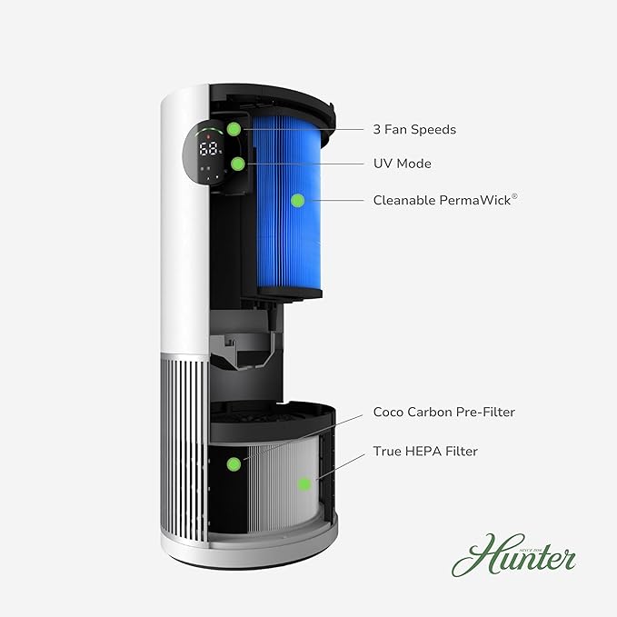 Hunter Fan Company Humidifier and Air Purifier In One, Advanced Filtration Air Purifiers for Home, Air Purifiers for Home Pets, Humidifiers for Bedroom and Humidifiers for Bedroom Baby, White/Silver