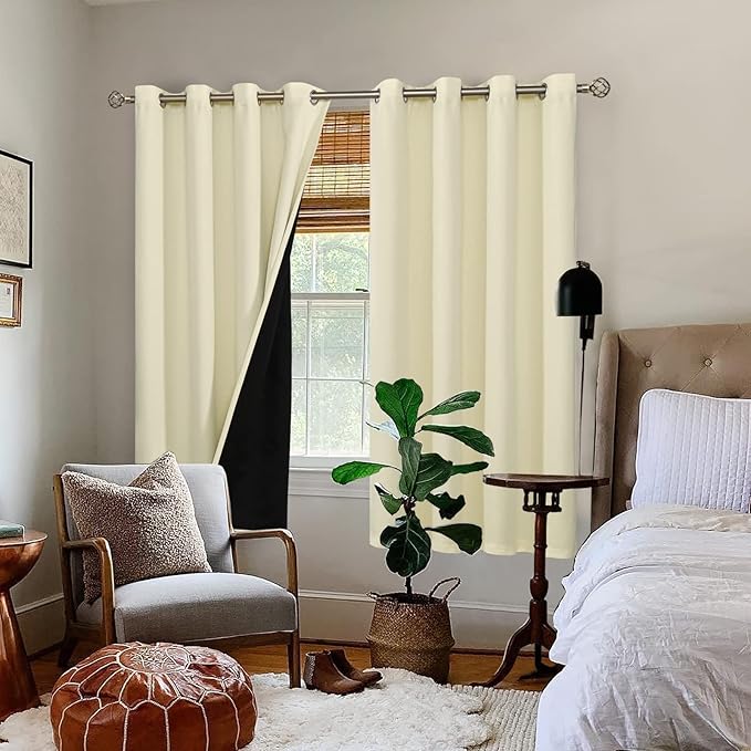 BGment Cream 100% Blackout Curtains for Bedroom 72 Inch Length 2 Panels Set, Thermal Insulated Full Light Blocking Grommet Noise Cancelling Window Curtains&Drapes with Black Liner, 46 Inch Wide Each