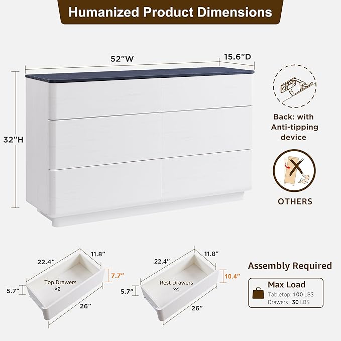 ACCOHOHO Modern 6 Drawer Dresser for Bedroom, 52" Wide Wooden Dressers with Large Storage,Handleless Chest of Drawers TV Stand for Living Room & Hallway, Curved Profile Design, White