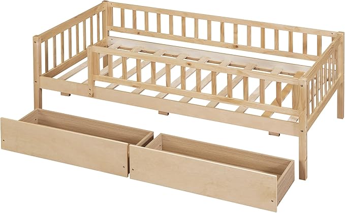 Bellemave Twin Bed Frames with Rails for Kids, Twin daybed Frame with Drawers for Boys/Girls/Adults， Natural