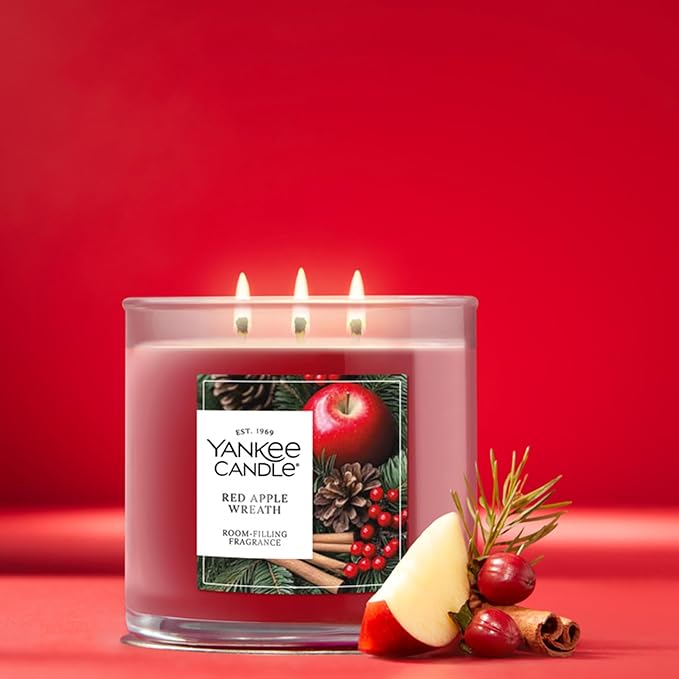 Yankee Candle Red Apple Wreath, Scented Candle, 14.5oz 3-Wick Candle Jar with up to 40 Hours Burn Time, Giftable, Holidays
