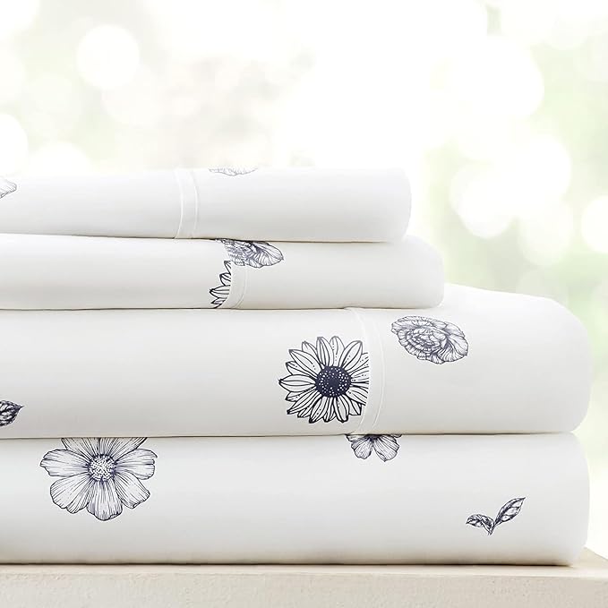 Linen Market Double-Brushed Patterned Microfiber Queen Sheet Set 4 Piece – Oeko-TEX Certified Ultra Soft & Wrinkle-Free - 16" Deep Pocket Sheets - Easy Care Queen Size - Indigo Flowers Navy