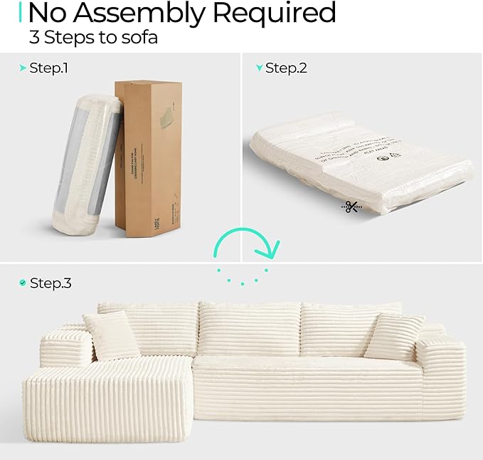 LINSY HOME Modular Sectional Sofa Boneless Cloud Couches for Living Room | Oversized Chaise, Deep Seat, Beige Cloud Couch, Plush Corduroy, L-Shape, No Assembly Required