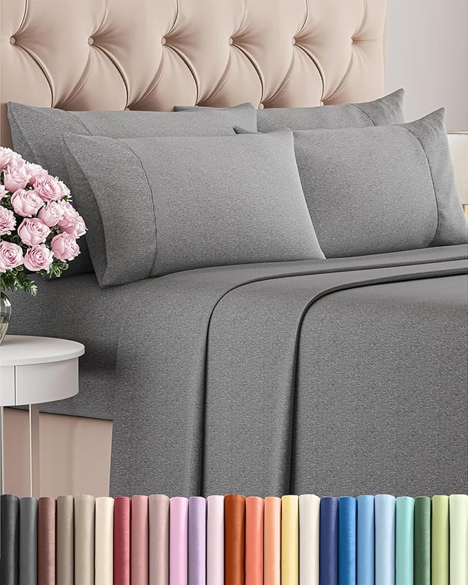 King 6 Piece Sheet Set - Cooling & Breathable - Hotel Luxury Bedding, Includes Fitted Sheet for Women, Men, Kids and Teens - 1 Flat, 1 Fitted Sheet, 4 Pillowcases with Deep Pockets - Heathered Grey