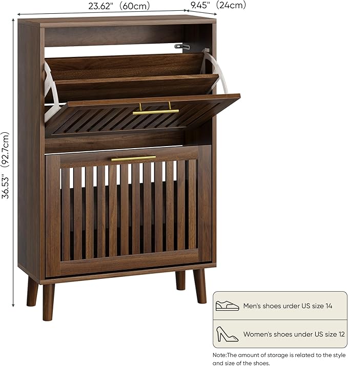 Shoe Cabinet with 2 Flip Slatted Drawers, Farmhouse Slim Shoe Organizer Rack with Golden Handles, Freestanding Hidden Entryway Storage for Hallway, Walnut