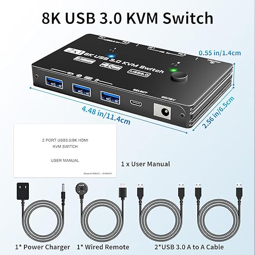 KVM Switch 1 Monitor 2 Computers 8K@60Hz, HDMI KVM Switches for 2 PC Sharing Single Monitor and Keyboard Mouse with Power Adapter, Wired Extend Controller and USB3.0 Cables