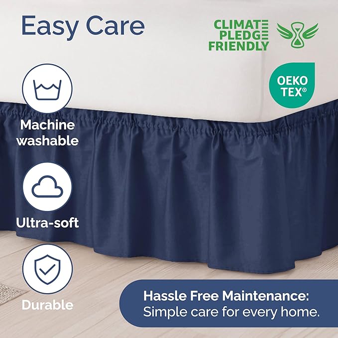 Wrap Around Dust Ruffle Bed Skirt - Navy Blue - Twin/Twin XL Size Beds with 12 Inch Drop - Elastic Strap - Adjustable Pleated Bedskirt with Brushed Fabric and Wrinkle Free - Women, Men, Kids & Teens