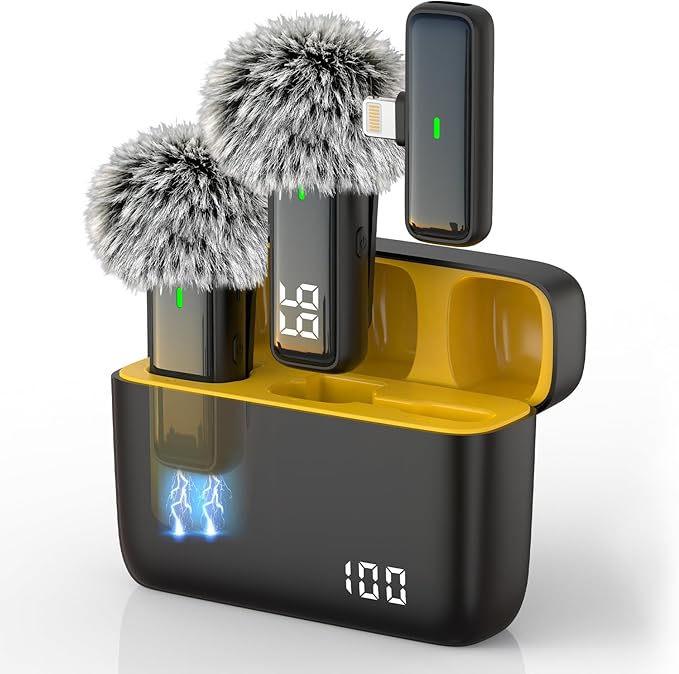 2 Pack Wireless Lavalier Microphone for iPhone 14/13/12 Lapel Mic Lightning Lav Mic with 24 H Charging Case for Video Recording Vlog TikTok Instagram - Noise Reduction 70 FT Transmission