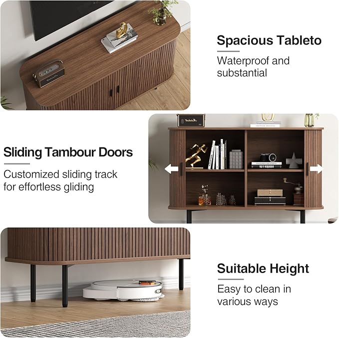 47''W x 32''H Buffet Sideboard Cabinet with Storage, Fluted Storage Accent Cabinet with Curvy Edge, Sliding Door, Credenza, Console Table for Living Room, Kitchen, Walnut