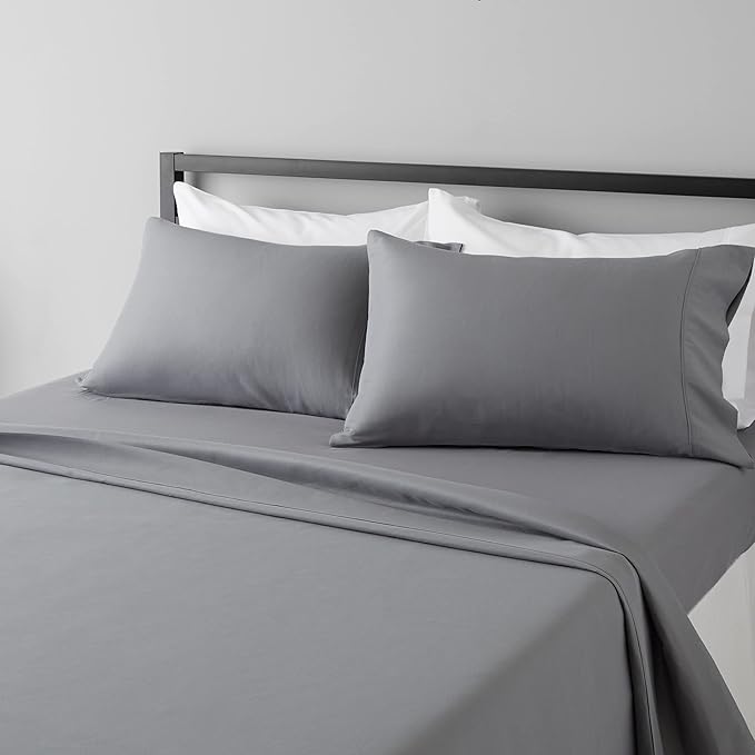 Amazon Basics Lightweight Super Soft Comfortable Brushed Microfiber 4 Piece Bed Sheet Set with 14-Inch Deep Pockets, Queen, Dark Gray, Solid