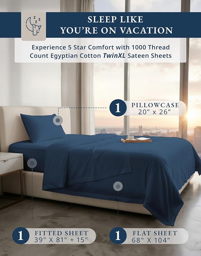 LANE LINEN 100% Egyptian Cotton Twin XL Sheet Sets - 1000 Thread Count, 15 inch Deep Pocket Fully Elasticized French Reinforced Pocket Seams for Soft, Eco Friendly Cooling Sheets Twin XL -Estate Blue