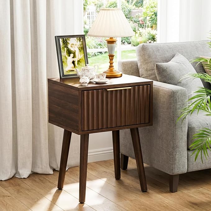 VINGLI Night Stand Set 2, Fluted Nightstands with Drawer, Mid Century Modern Nightstands Set of 2, Bedside Table, End Table, Wood Nightstand for Bedroom, Walnut, 15.75" W*11.81" D*21.85" H