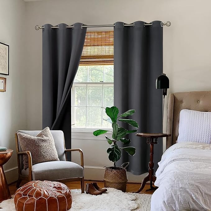 BGment Thermal Insulated 100% Blackout Curtains for Bedroom with Black Liner, Double Layer Full Room Darkening Noise Reducing Grommet Curtain (38 x 84 Inch, Dark Grey, 2 Panels)