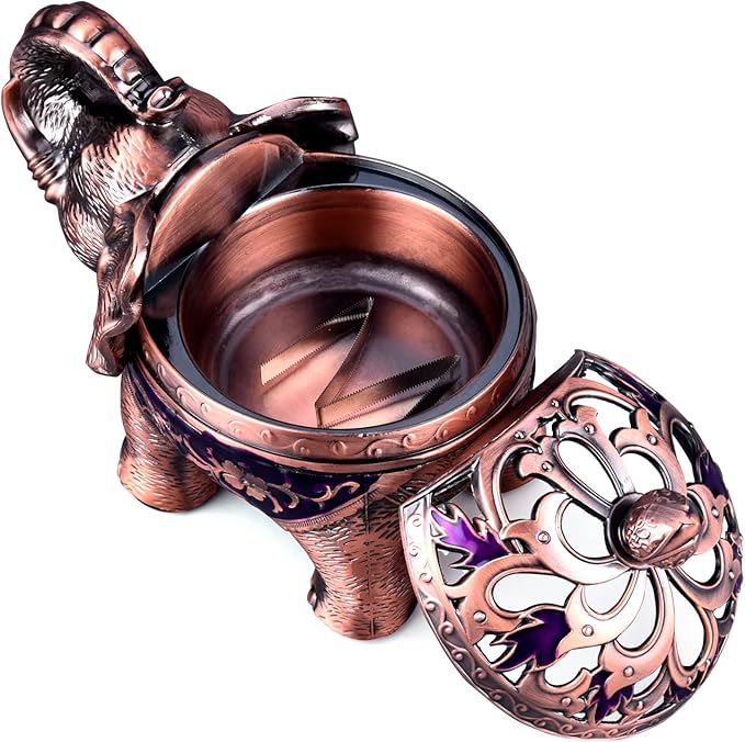 K COOL Metal Backflow Incense Holder Elephant Cone Incense Burner Candle Holder with Lid, Aromatherapy Ornament Home Office Decoration for Indoor Outdoor (Purple)