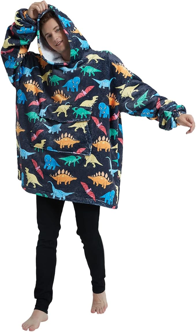 Wearable Blanket Hoodie for Adult,Oversized Sherpa Fleece Blanket Hoodie for Women Men,Dinosaur