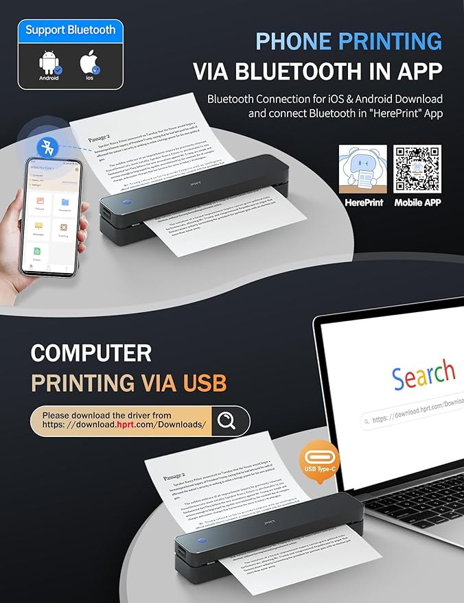 PRT Portable Printer Wireless for Travel, Inkless Bluetooth Compact Mobile Thermal Printer, Supports 8.5" X 11" US Letter, A4 A5, Compatible with iOS, Android, Laptop for Home Use, Office & Vehicles