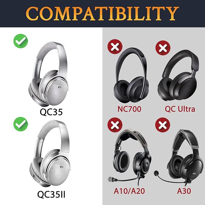 SoloWIT Ear Pads Cushions Replacement, Earpads for Bose QuietComfort 35 (QC35) and Quiet Comfort 35 II (QC35 II) Over-Ear Headphones, Softer Leather, Noise Isolation Foam - PL Silver