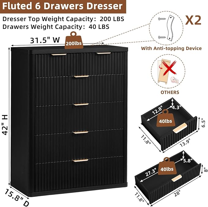 LEYAOYAO Fluted 6 Drawers Dresser for Bedroom Set of 2, 42" Tall Modern Chest of Drawers with Metal Handle, Curved Profile Design,Black Wood Drawer Organizer for Bedroom, Living Room, Hallway