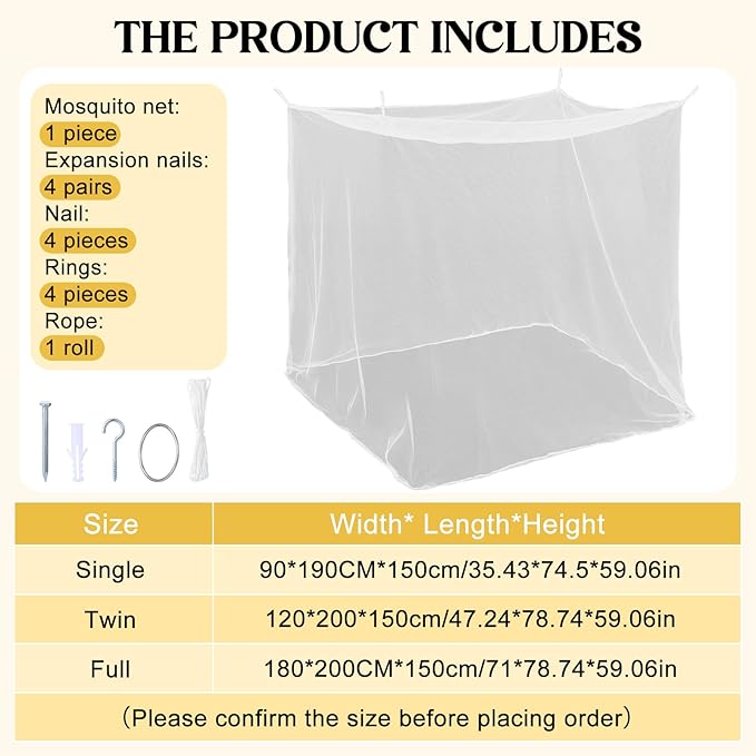 4 Corners Mosquito Net for Mosquiteros para Camas Bed Canopies Netting Bed Drapes Rectangular Mosquito Mesh for Camping Home Outdoor Travel(White A,L79 X W47 X H59 Inch,No-Opening)