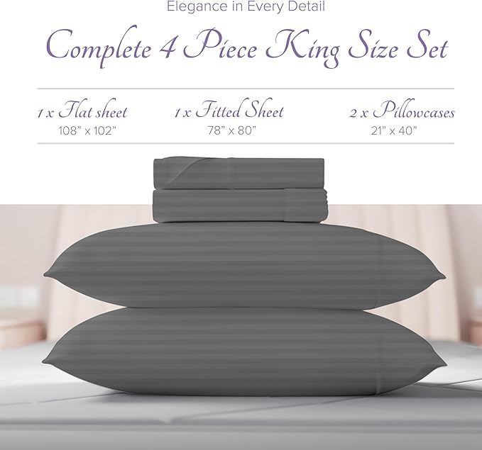 Carressa Linen Luxury Egyptian Cotton King Stripe Sheet Set, 600 Thread Count Extra Long Staple 4 PC Set, King Damask Sheets, Soft, Cooling Sateen Weave Striped Sheets Upto 18" Deep Pocket - Dark Grey