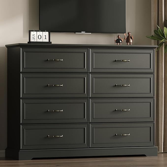 Farmhouse 8 Drawers Dresser for Bedroom, 54" Wide Modern Chest of Drawers with Deep Drawers & Bar Handles, Rustic Wood Dresser TV Stand, Wooden Closet Storage Organizer for Living Room, Hallway, Black