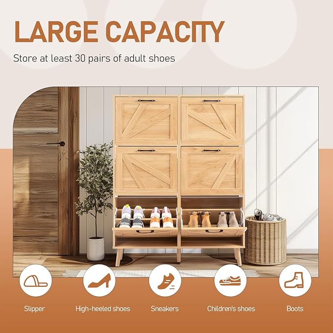 VINGLI 6 Flip Drawer Shoe Cabinet for Entryway, Rustic Shoe Storage Cabinet with 5 Solid Wood Legs, Farmhouse Barn Door Design Shoe Organizer for Hallway, Bedroom, or Living Room, Natural Wood Finish