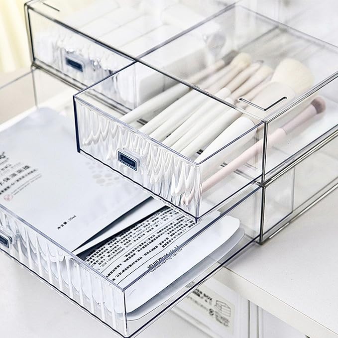 Desk Drawer Organizer, Stackable Office Supplies Desk Organizer, Plastic Plastic Storage Drawer, Desk Grocery Organizer For Stationery/Office Supplies (Clear, 2-Compartment)