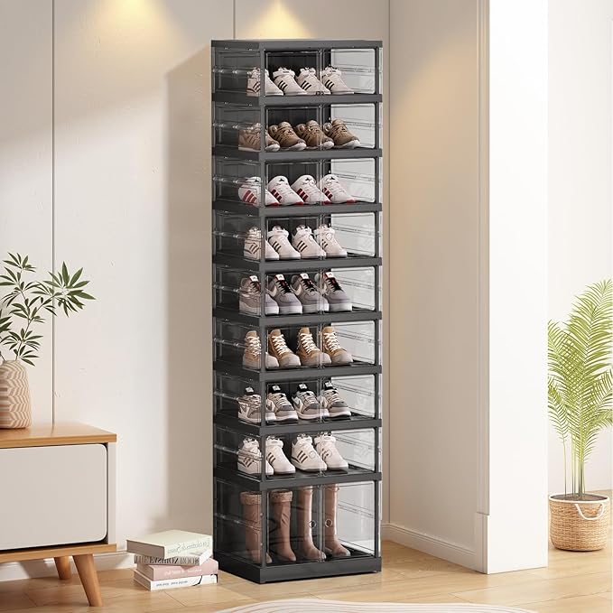Shoe Rack Organizer for Closet Entryway Foldable Sneaker Storage Shoe, Collapsible Shoe Cabinet, Stackable Shoe Storage Cabinet with Lids for Living Room (9 Tiers -18 Pairs Transparent Black)
